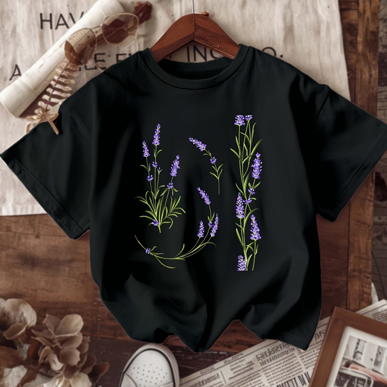 Plus Size Women's Lavender Letter Print Casual T-Shirt Floral Short Sleeve