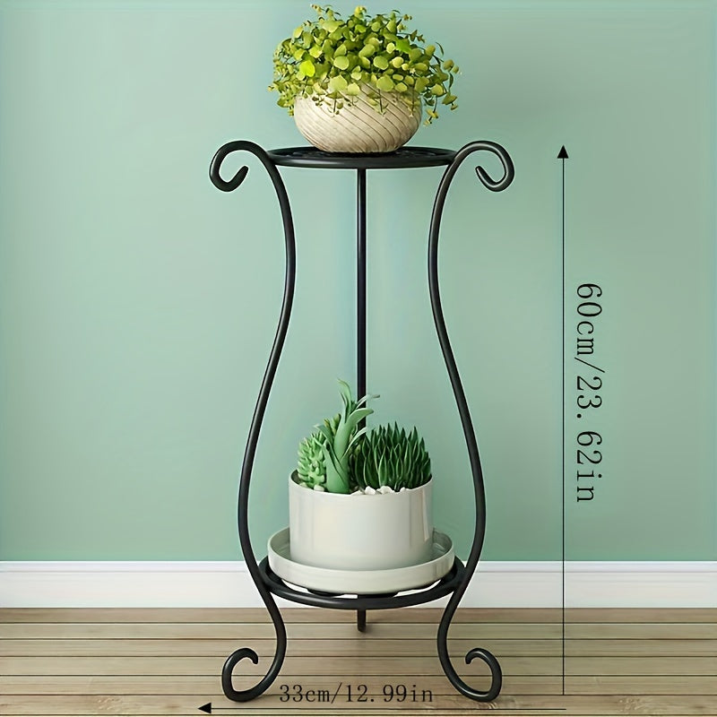 Black 2-Tier Iron Plant Stand Indoor Outdoor Decorative Vines Lightweight Sturdy