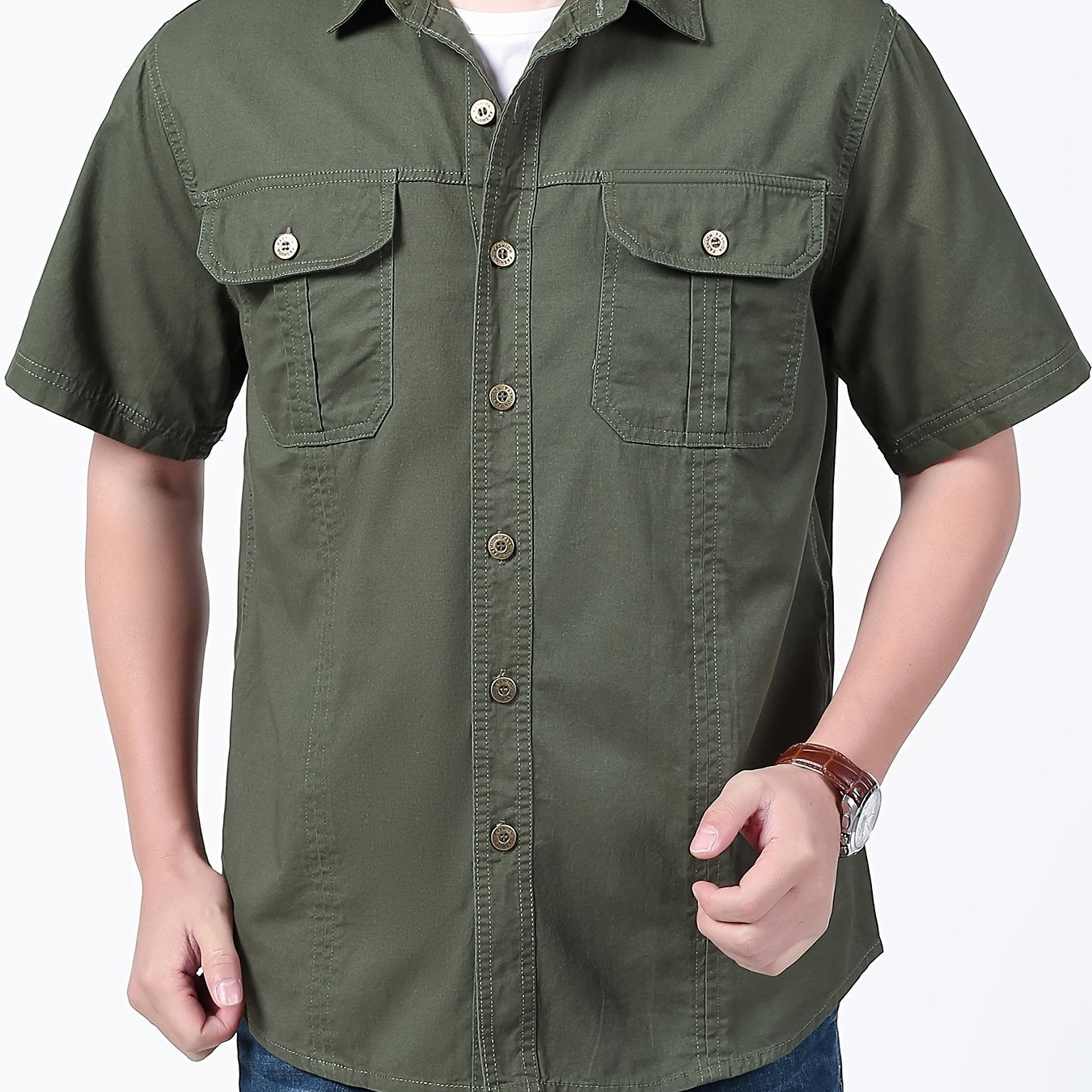 Men's Summer Cotton Short Sleeve Casual Shirt with Pocket Solid Color Regular Fit