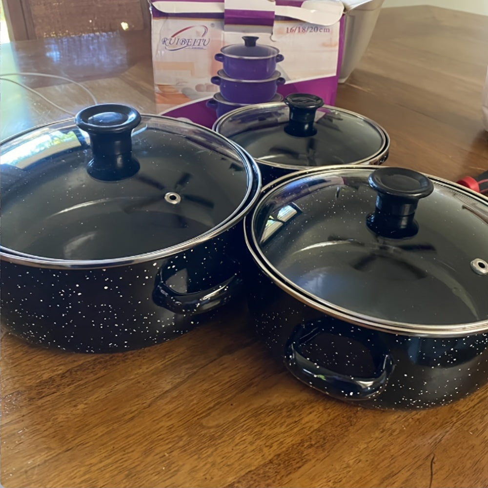 Enamel Cookware Set with Glass Lids, 6-Piece Lightweight Pots for Versatile Cooking
