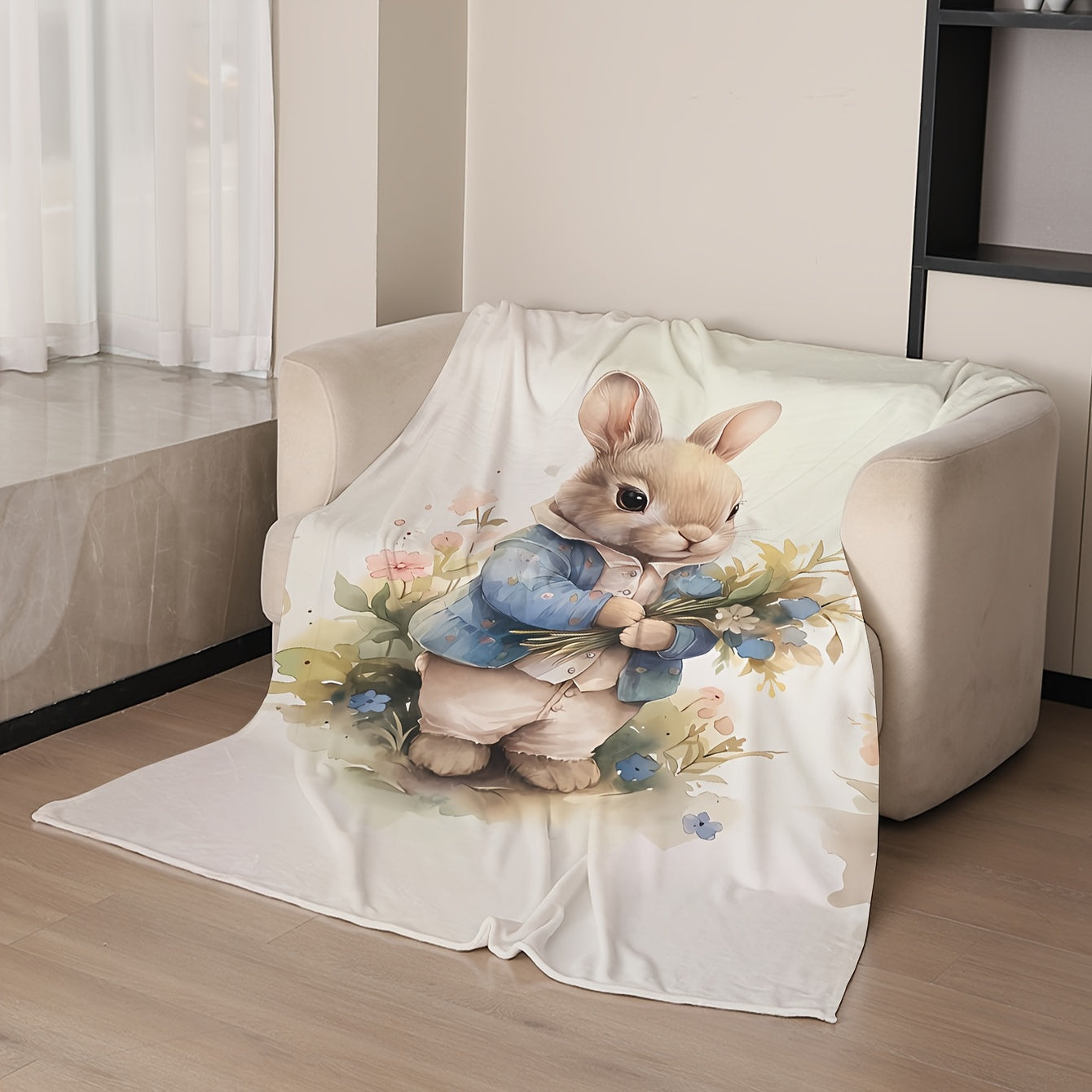 Cartoon Bunny Printed Blanket Soft Knit Polyester Coral Fleece Cozy Warm for Kids and Adults