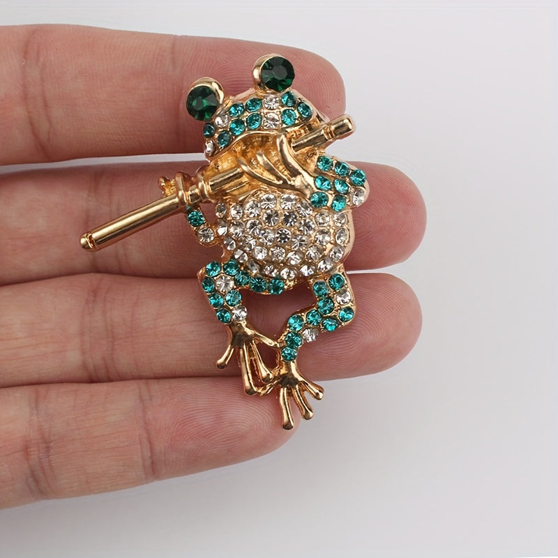 Women's Rhinestone Frog Brooch with Flute Jewelry Accessory