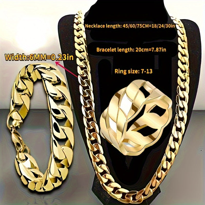 Men's Fashion Jewelry Set Stainless Steel Necklace Bracelet Ring Retro Hip-Hop Punk Style 3 Pieces
