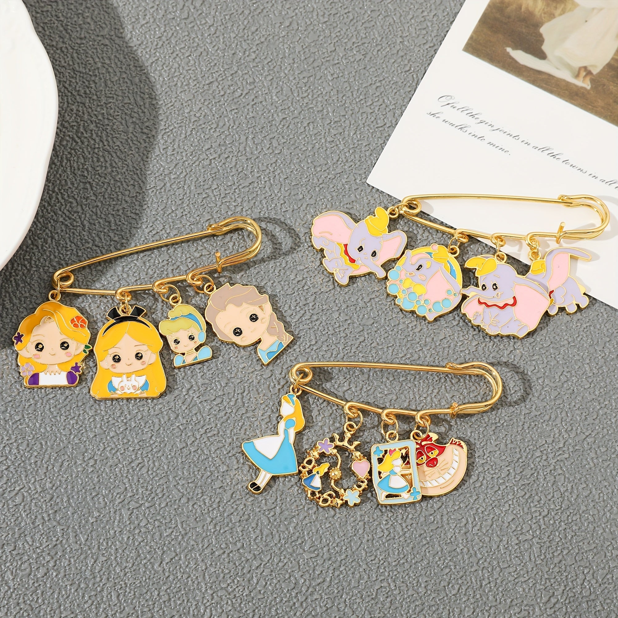 Set of 3 Cartoon Princess and Dumbo Enamel Brooch Pins Zinc Alloy Kids Girls Backpack Clothes Jewelry