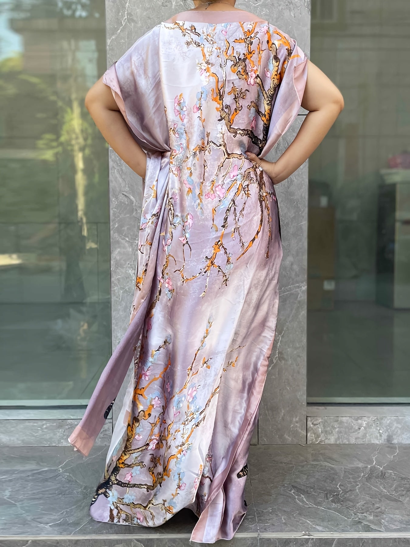 Plus Size Floral Longline Dress Short Sleeve Crew Neck Summer Women's Clothing