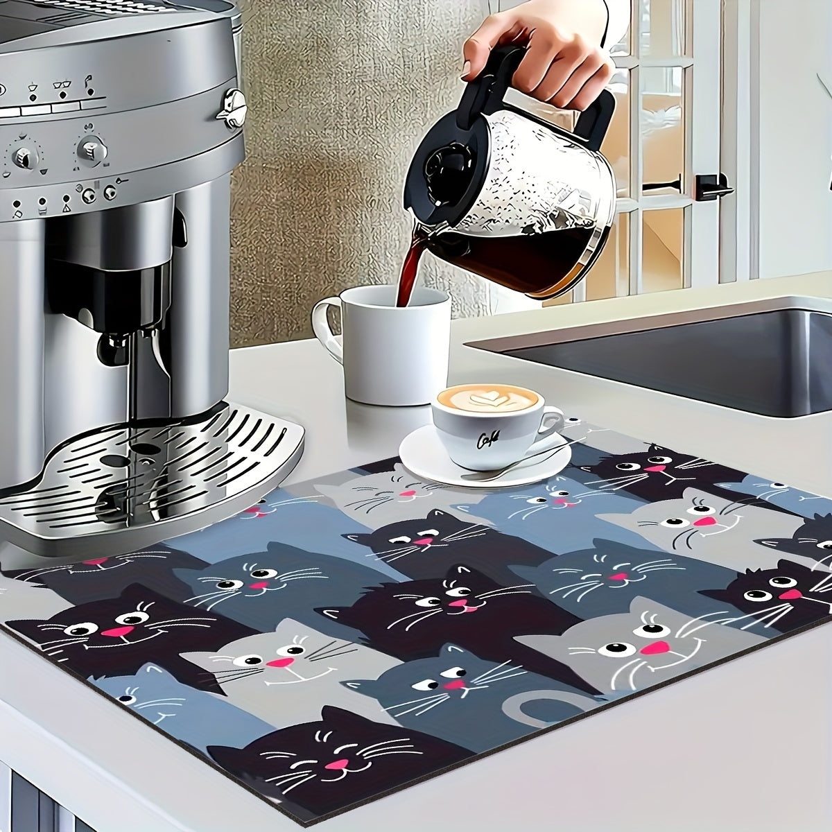 Cat Design Waterproof Dish Drying Mat, Ultra Absorbent, Non-Slip Kitchen Accessory