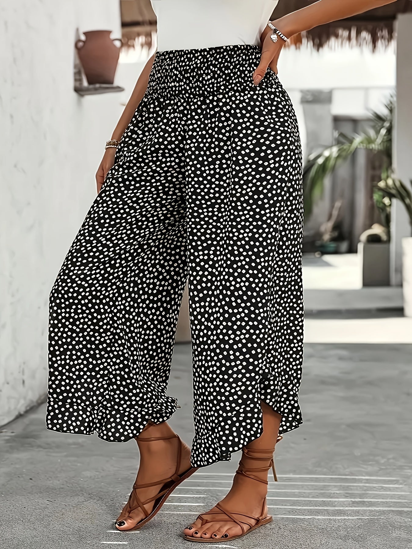 Pantalones de pierna ancha con estampado floral para mujer talla plus, de cintura alta, con puntos azules y blancos