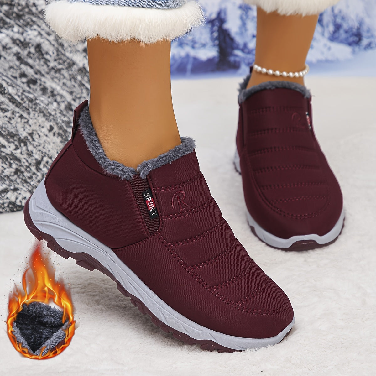 Women's Winter Ankle Boots Slip-On Cushioned Non-Slip Indoor Outdoor Black Burgundy