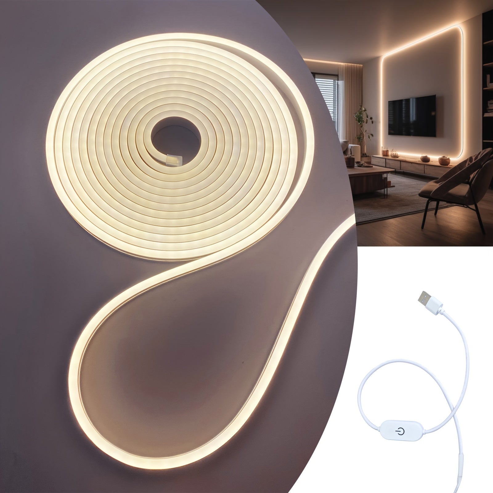 USB Neon Light Strip Dimmable Warm White Touch Control for Home Decor and Ambiance