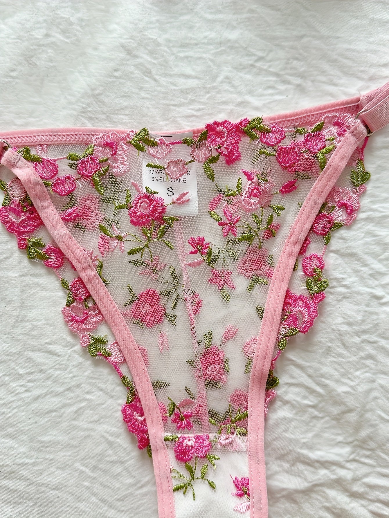 Women's Floral Embroidered Lingerie Set Mesh Unlined Bra and Sheer Thong