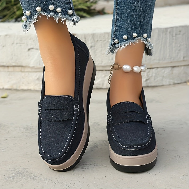 Women's Platform Loafers Slip-On Casual Shoes Non-Slip Solid Color