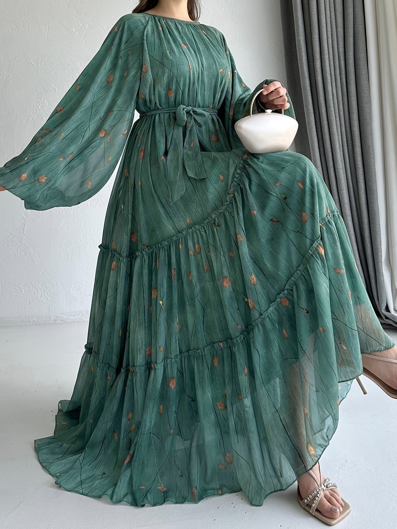 Plus Size Floral Print Belted Dress with Ruffle Hem for Spring and Fall