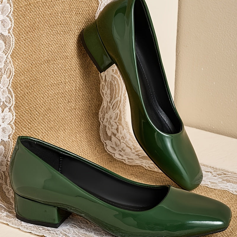 Women's Green Square Toe Mary Jane Pumps Breathable Synthetic Low Block Heel Dress Shoes