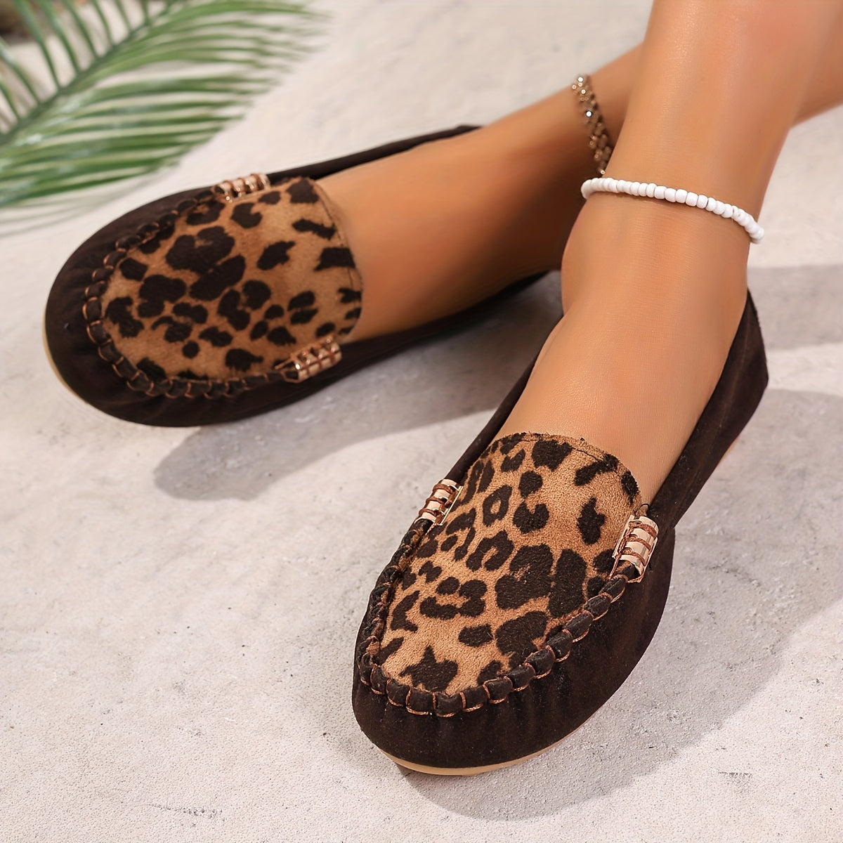 Women's Brown Leather Loafers with Metal Buckle Comfortable Slip-On Shoes