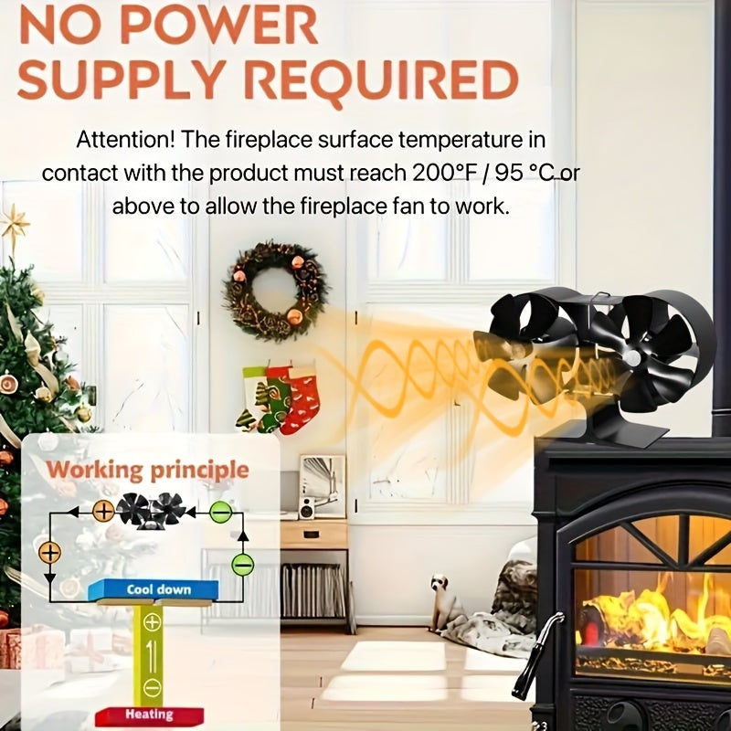 Polished Aluminum Wood Stove Fan 12 Blades High-Speed Air Circulation No Electricity