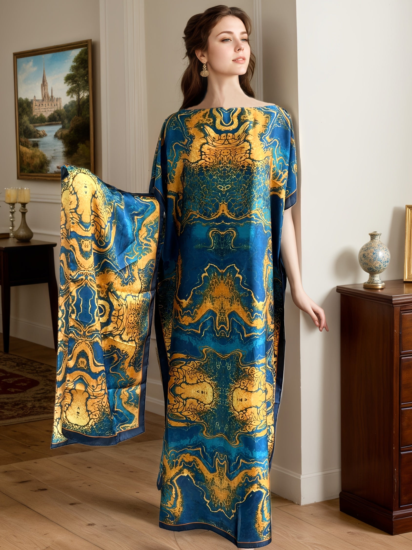 Ayollar uchun kattaroq o'lchamdagi gul bosma batwing ko'krakli maksi kiyim, kundalik va rasmiy, barcha mavsumlar uchun