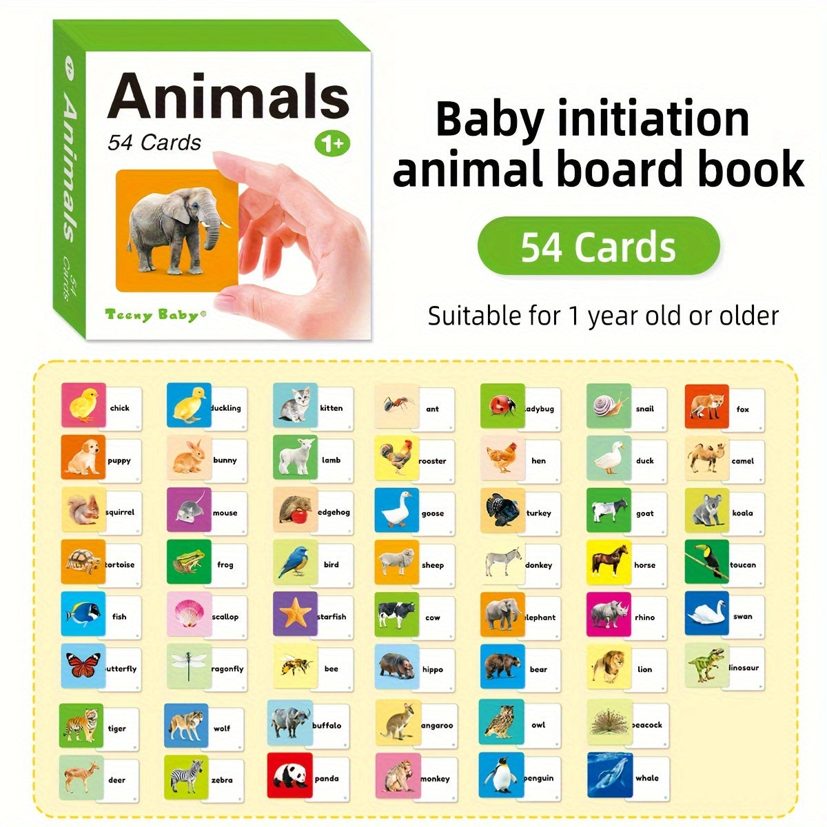 Animals Flashcards for Early Learning, 54 Cards with Animal Images and Words