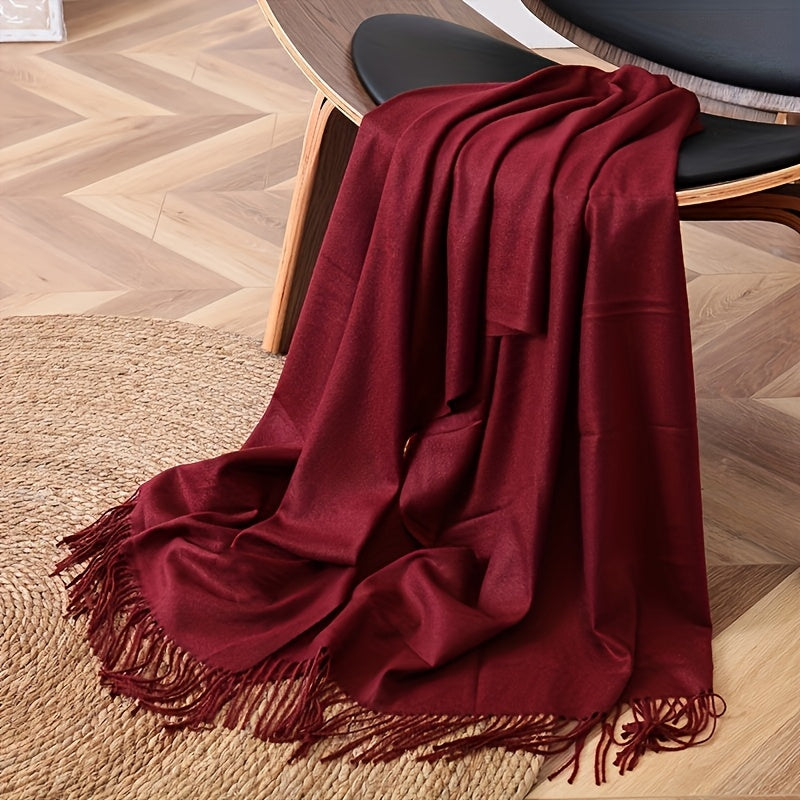 Unisex Cashmere-Feel Tassel Scarf Solid Color Warm Breathable Shawl Large Block Head Wrap