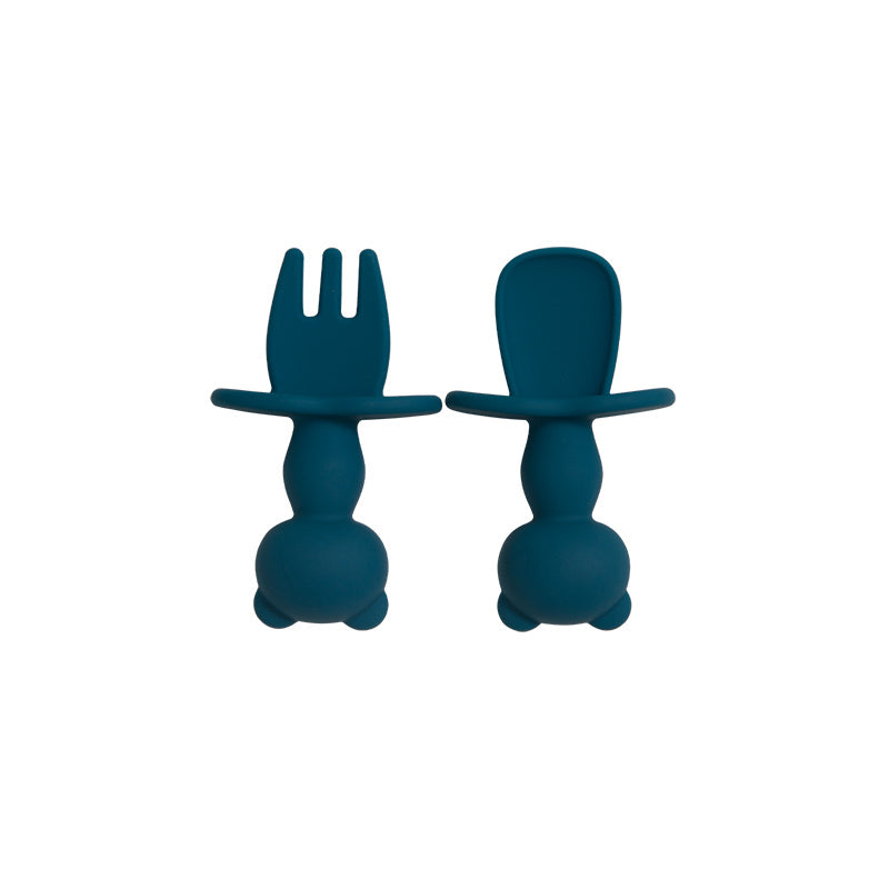 Juego de alimentación para bebé de 2 piezas, tenedor y cuchara de silicona Panda, suave, libre de BPA, vajilla para niños pequeños