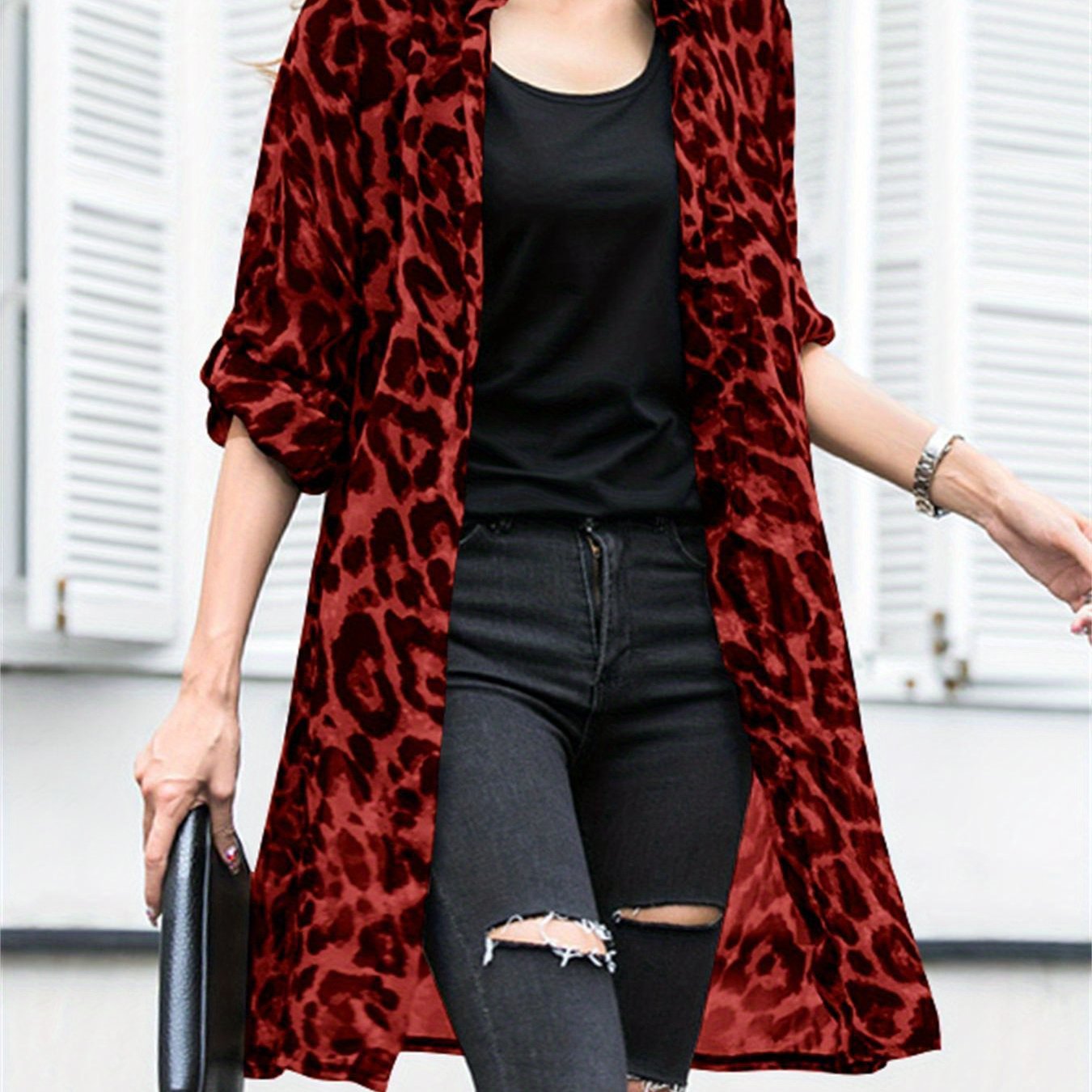 Ayollar uchun katta o'lchamli leopard bosma uzun qoʻl kimono kardigan
