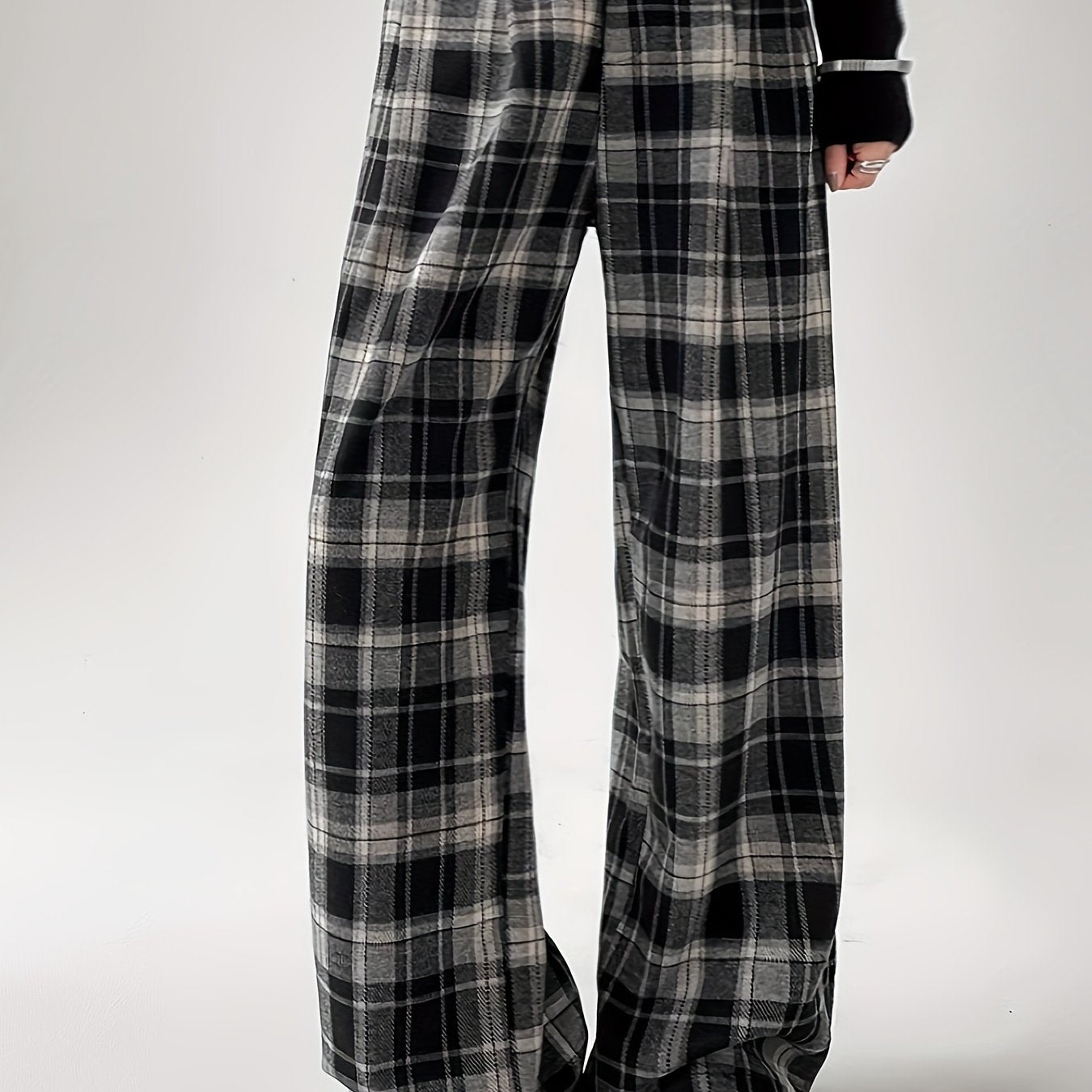 Plus Size Plaid Wide-Leg Pants for Women Casual High-Waist Button Detail