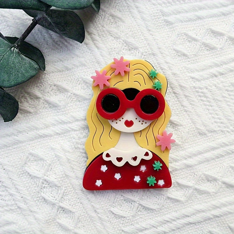 Stylish Acrylic Brooch with Red Glasses and Flower Design
