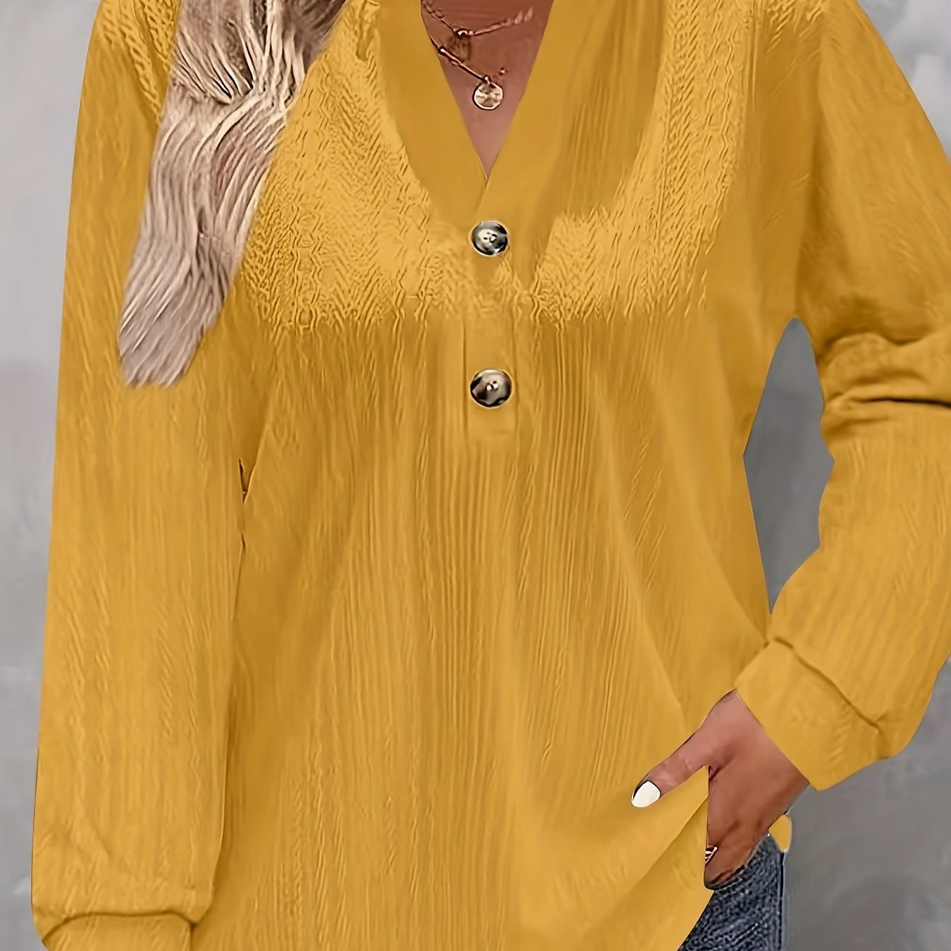 Pink Women's Long Sleeve V-Neck T-Shirt with Button Detail for Fall Winter