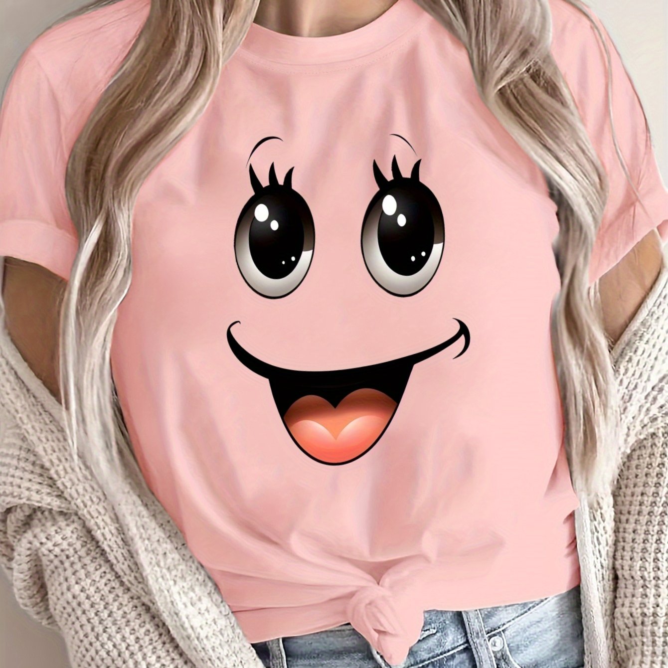 Women's Oversized Graphic T-Shirt Pink Cartoon Face Loose Fit Casual Summer