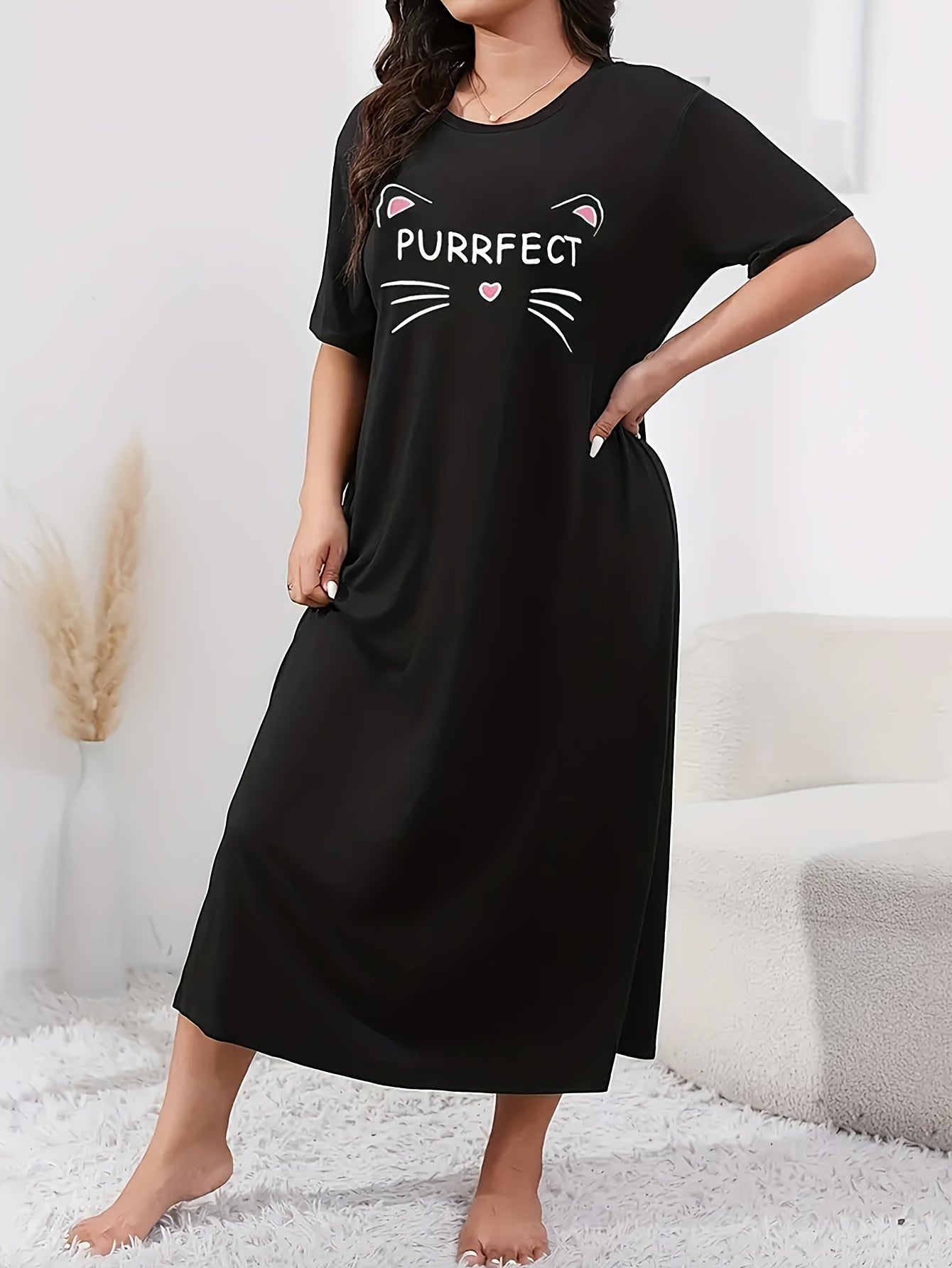 Plus Size Women's Long Sleeve Sleep Dress Cozy Grey Nightgown All-Season Lounge