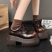 Women Chunky Platform Oxford Shoes Brown Lace-Up Ankle Boots Non-Slip Rubber Sole