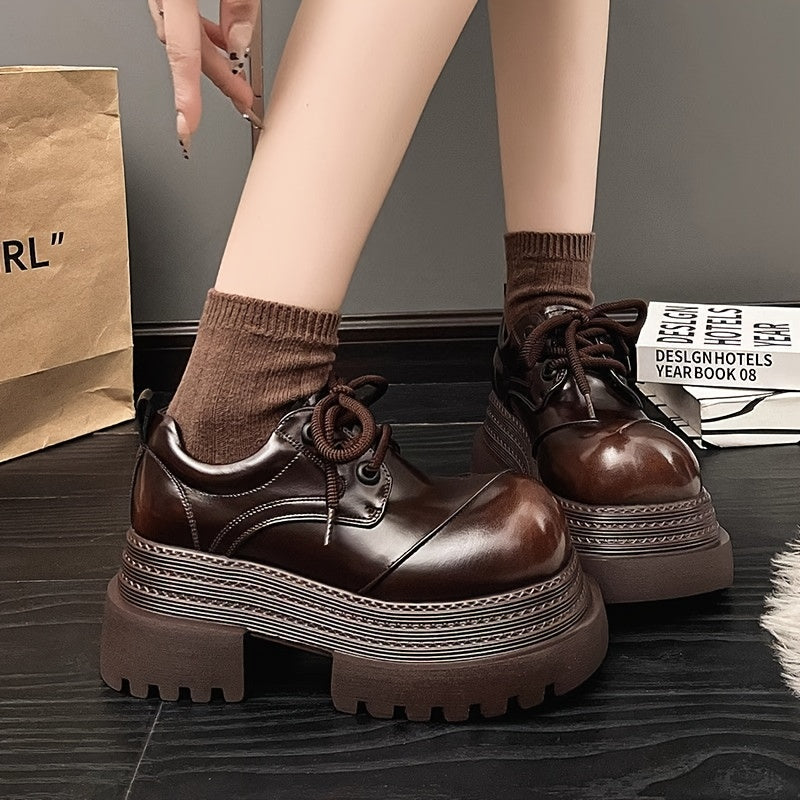 Women Chunky Platform Oxford Shoes Brown Lace-Up Ankle Boots Non-Slip Rubber Sole