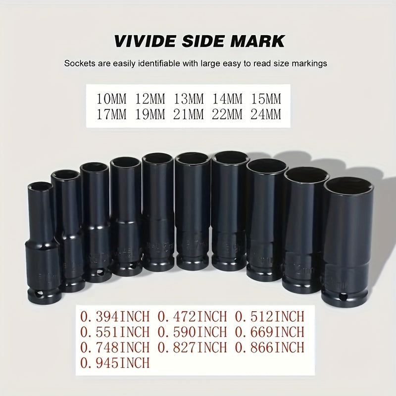 10 Pieces Impact Socket Set 1/2 Inch Deep Drive Carbon Steel Auto Repair