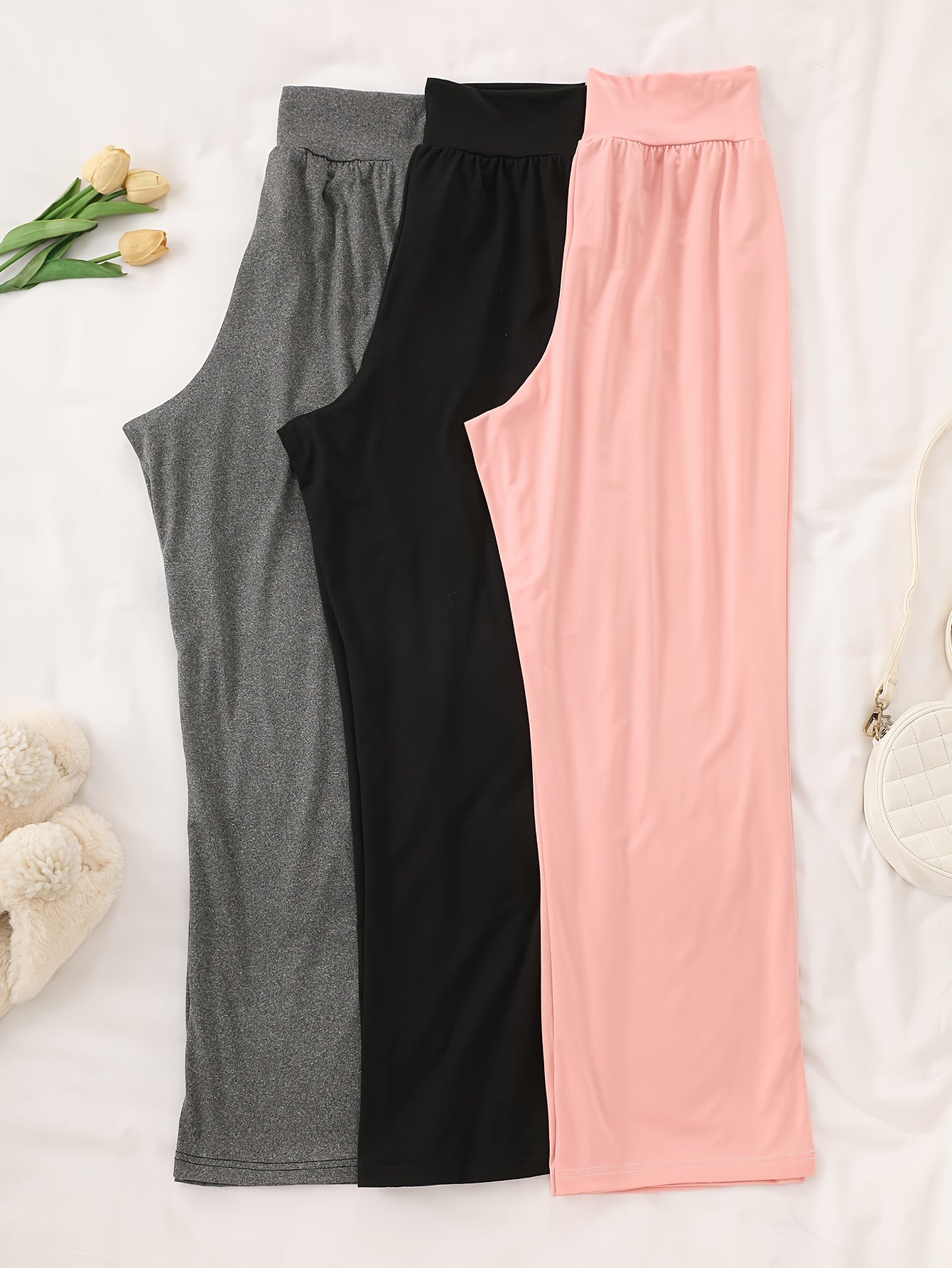 Women's Cozy Pajama Pants 3-Pack Polyester Elastane Black Gray Brown