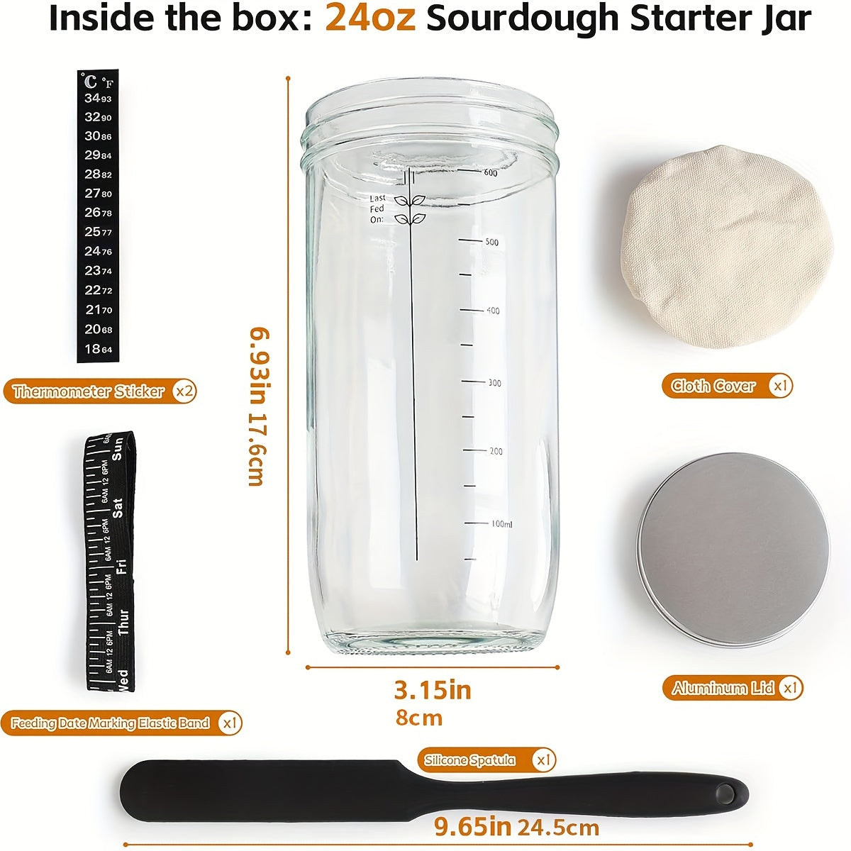 24oz Glass Fermentation Jar Set with Scale Lid Spatula for Bread Dough and Fermentation