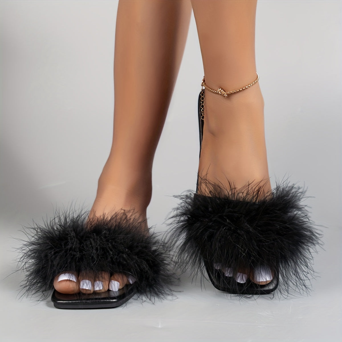 Women's Fluffy Feather Flat Slides Open Toe Summer Slip-On Rubber Sole