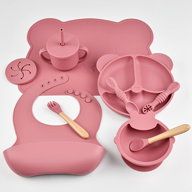 Silicone Baby Feeding Set 10 Pieces for Ages 0-3 Non-Slip Plate Bowl Bib Straw Cup Spoon Fork