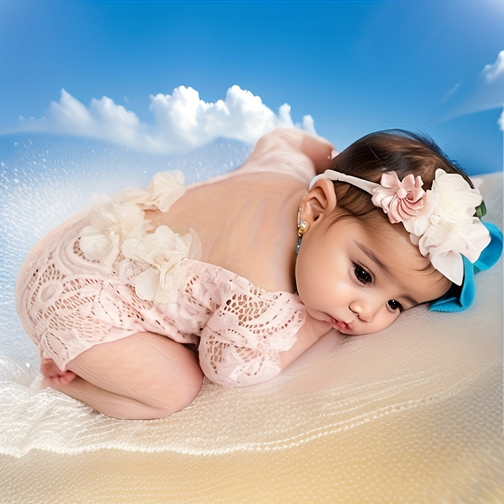 Infant Lace Romper with Headband and Hair Accessories Chiffon Embroidered Pearls