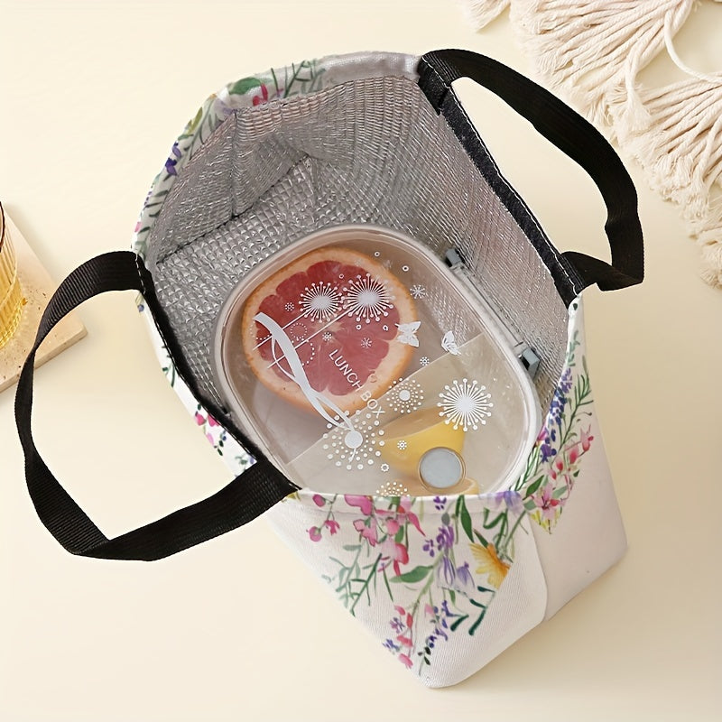 Изолированная цветочная сумка для обеда с двусторонним принтом для женщин и мужчин - непромокаемая полиэстеровая сумка для обеда - многоразовый термоконтейнер для офиса, работы, пляжа, путешествий - квадратная форма (1 упаковка) - можно мыть вручную