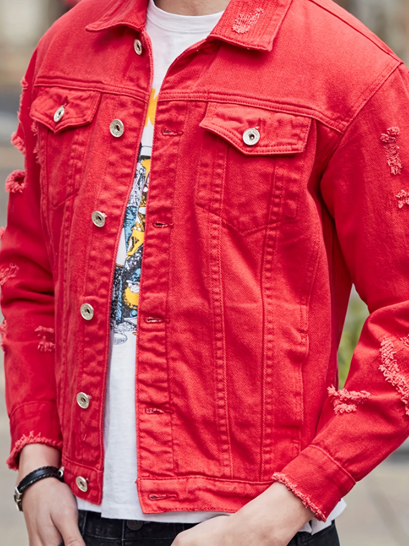 Erkaklar uchun yirtilgan denim ko'ylagi - Bahor va kuz uchun uzun yengli, tugmachali va yaka bilan tasodifiy paxta aralashmasi.