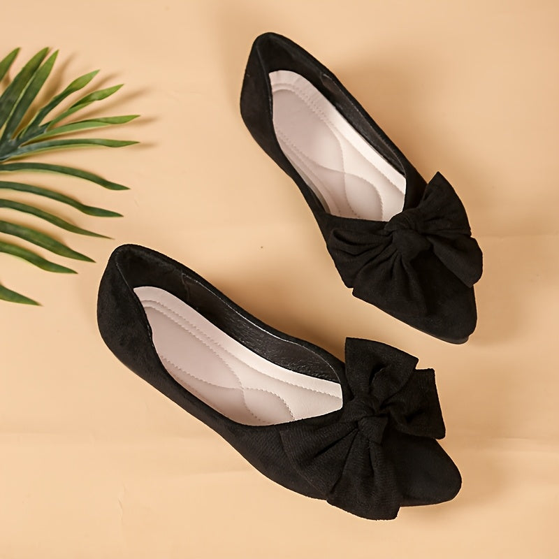 Women's Mary Jane Flats with Bow Detail - Pointed Toe Slip-On Comfortable Shoes