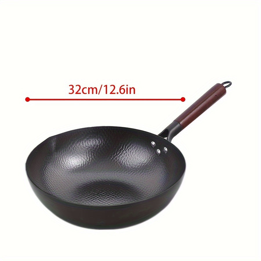 Cast Iron Wok 32cm Non-Stick Hand-Forged Stir-Fry Pan with Wooden Lid