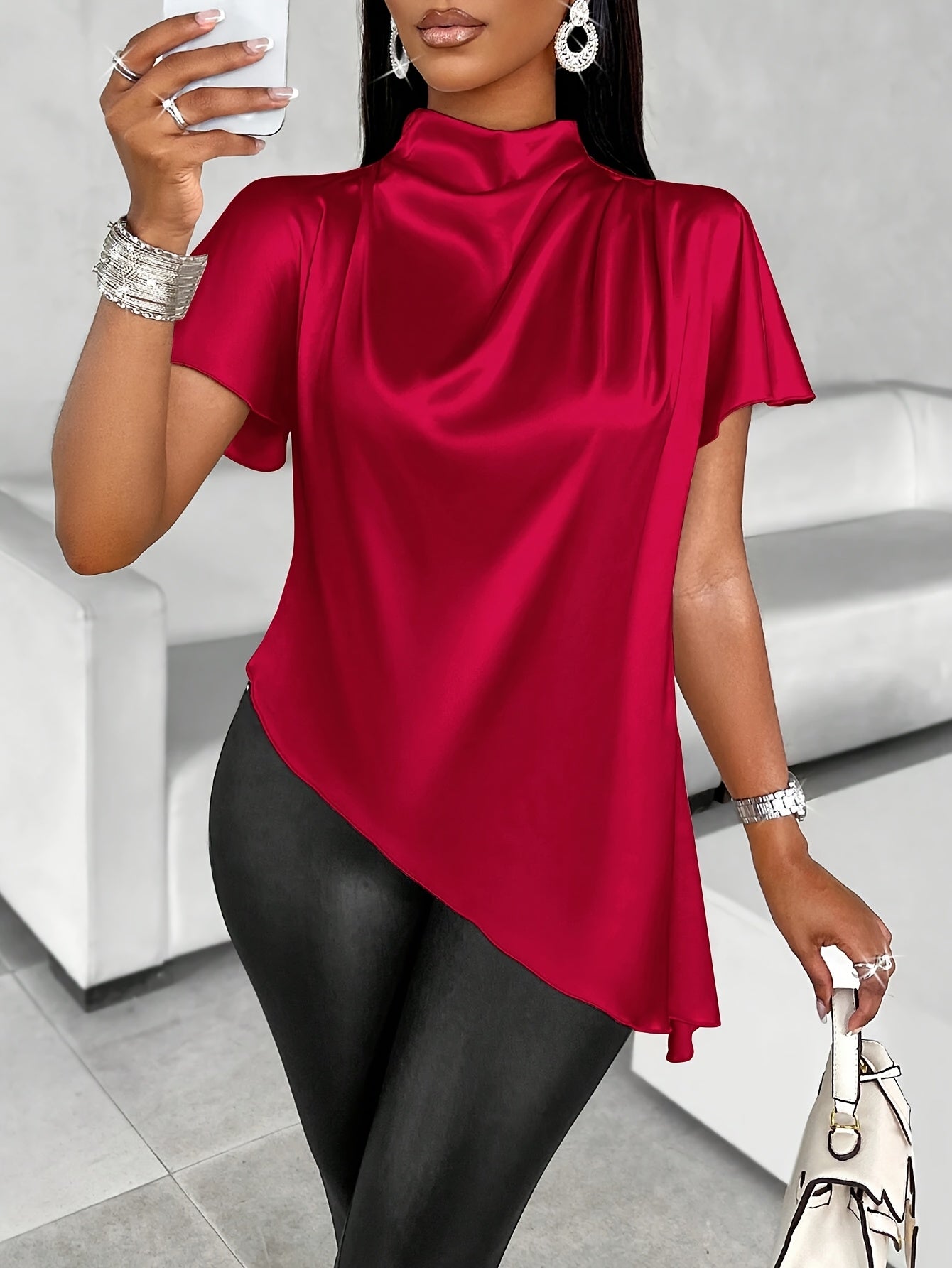Women's Satin Blouse with Batwing Sleeves, Asymmetrical Hem, Solid Color