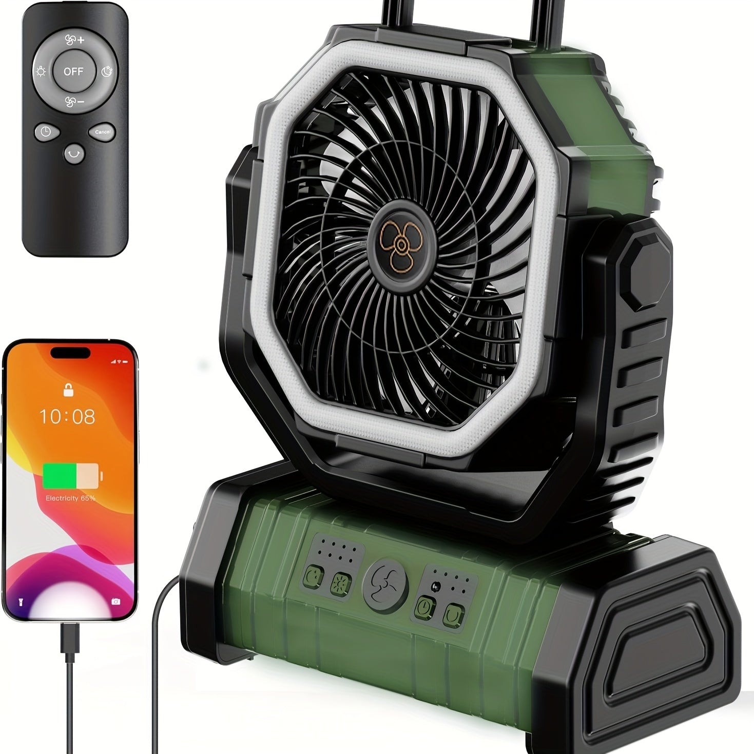 Cordless USB Fan with LED Lantern Green Rechargeable Lithium Battery Adjustable Oscillation Portable for Camping Bedroom Office