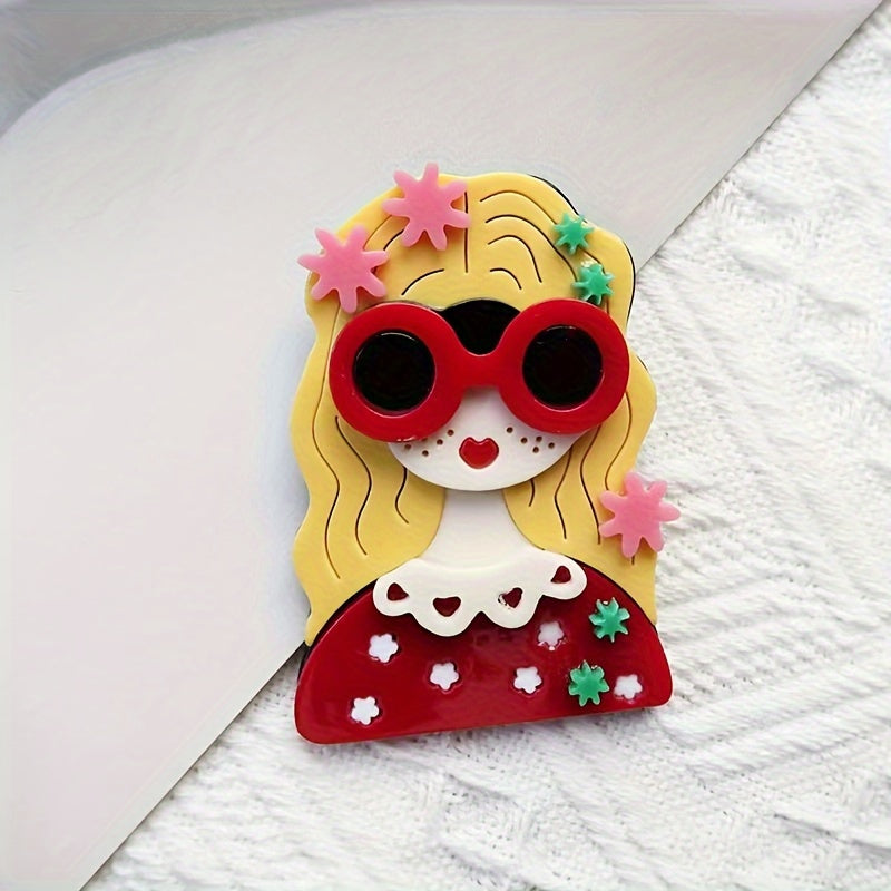 Stylish Acrylic Brooch with Red Glasses and Flower Design