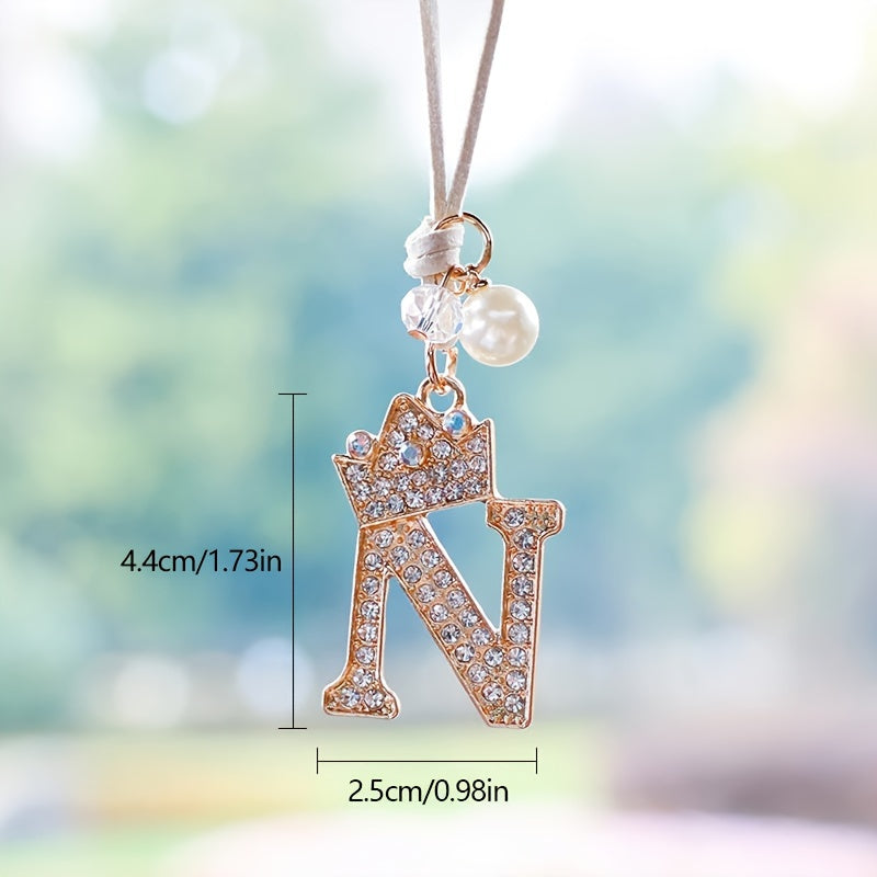 Alphabet Car Mirror Charm Set with Sparkling Crown Pendants for Vehicle Decoration