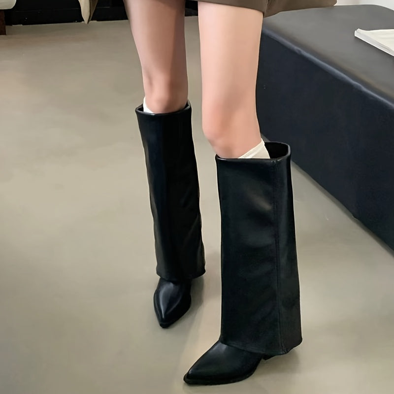 Women Knee-High Boots Solid Color Pointed Toe Block Heel