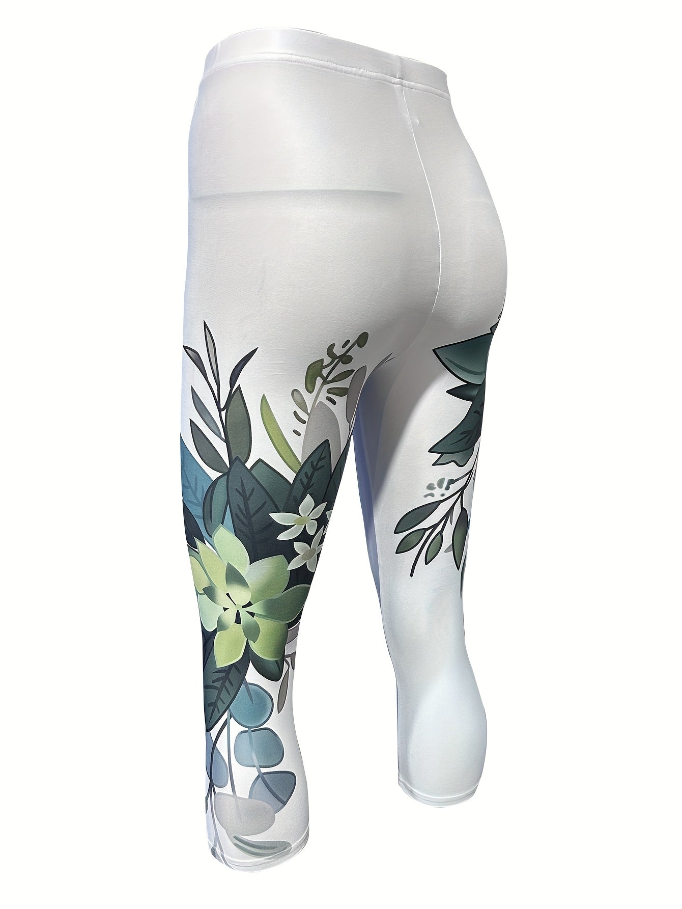 Plus Size Women's High-Waisted Yoga Leggings Capri Floral Print Tummy Control