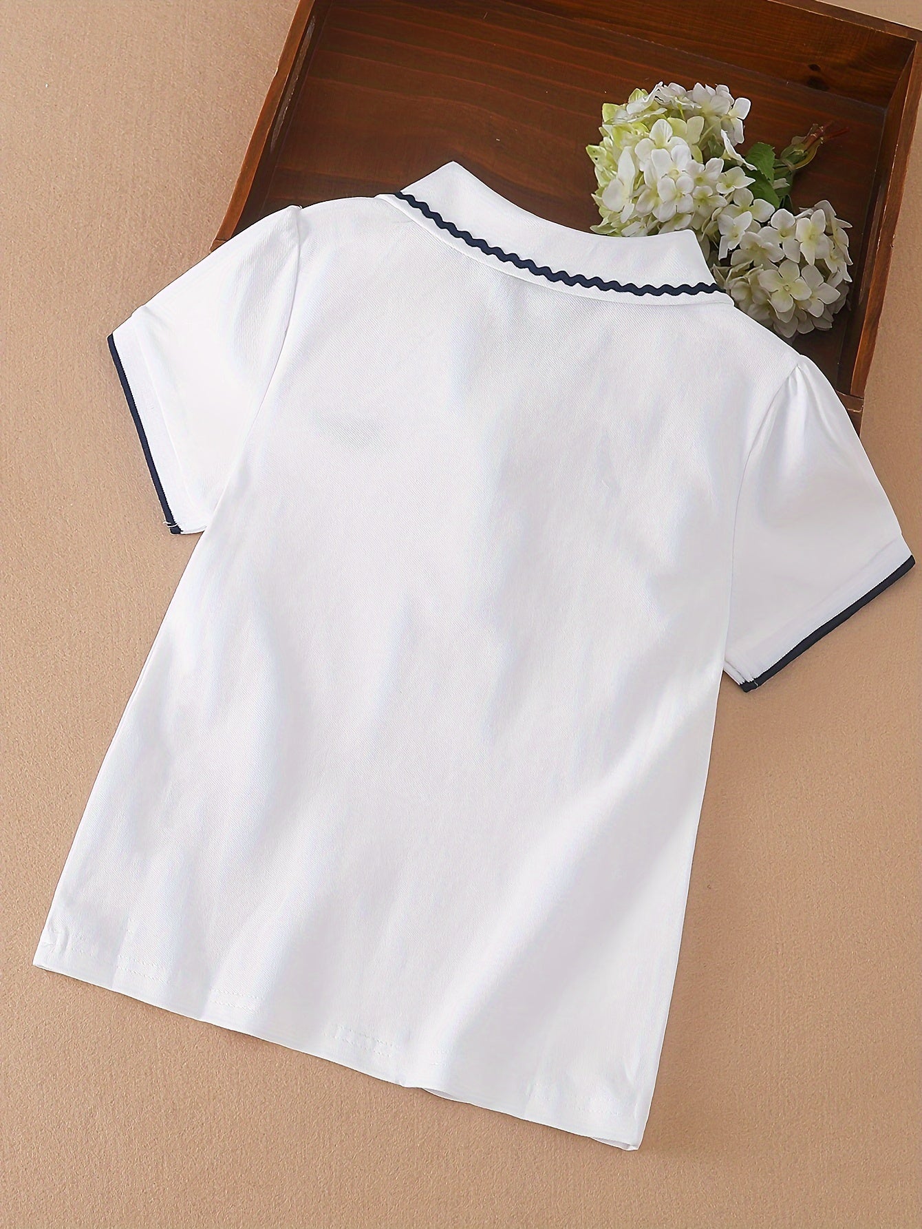 Girls Short Sleeve Cotton Blend Knit Top with Lace Embroidery for Summer Casual