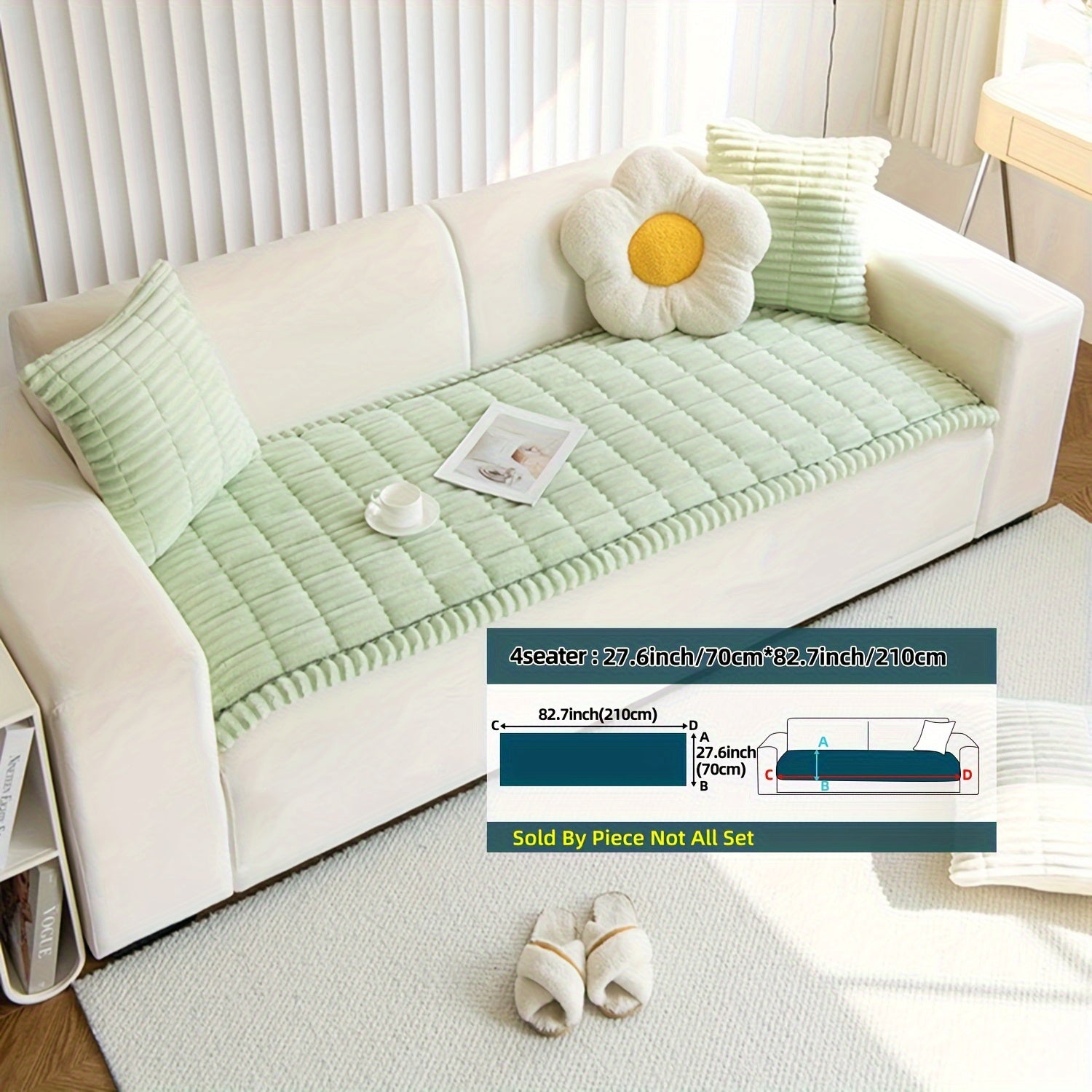 Boho Style Quilted Short Plush Sofa Cover with Ruffle Design Non-Slip Pet Friendly Machine Washable