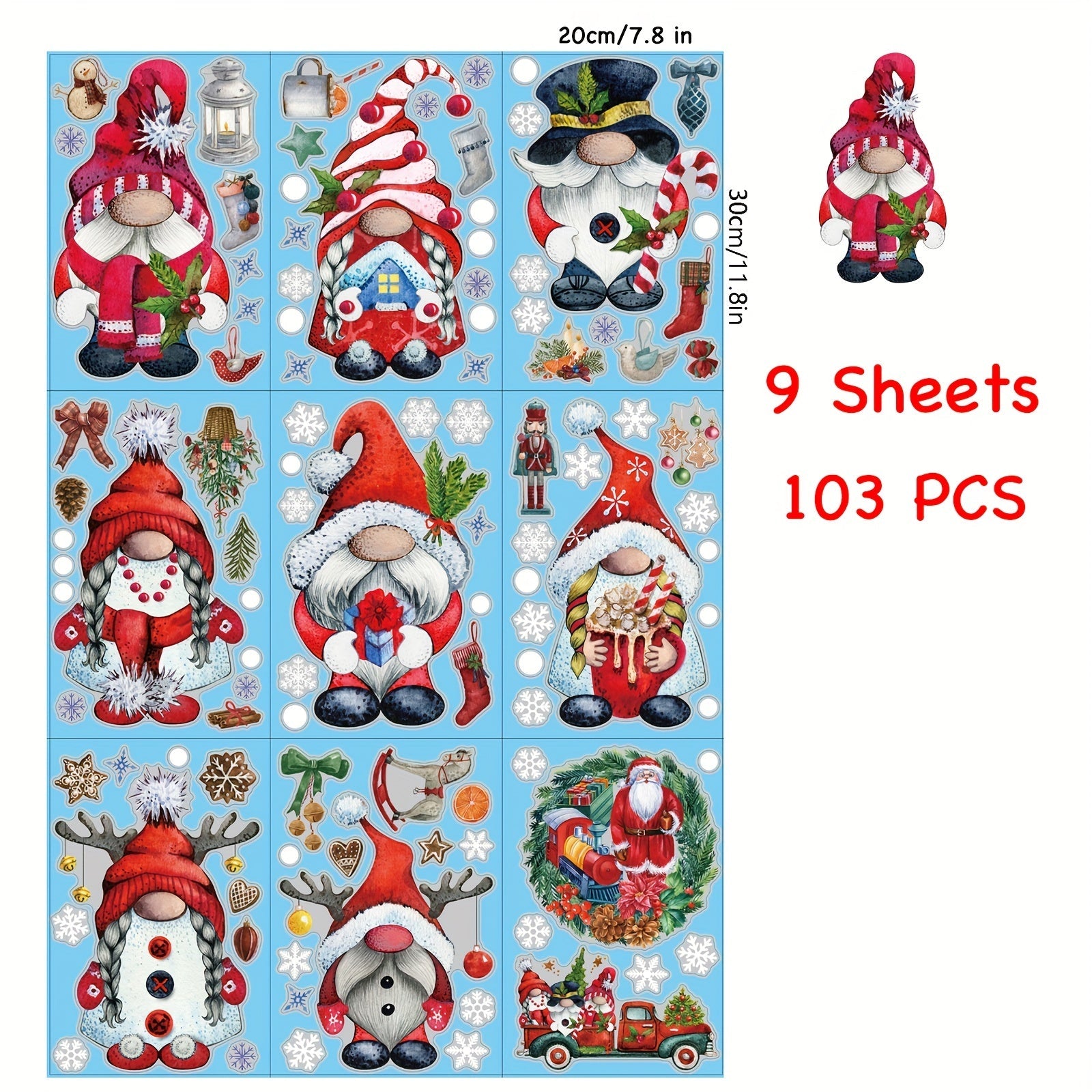 Set of 9 Christmas Gnome Window Clings Holiday Decor Festive Glass Decals